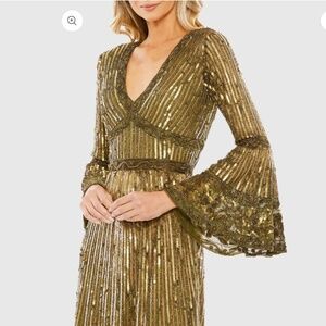 MAC MAC DUGGAL Never Worn GoldEmbellished 3/ 4 Sleeve V Neck A Line Dress